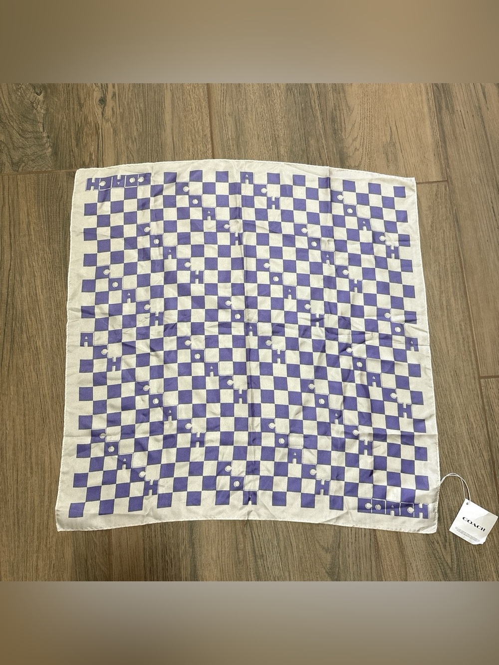 Coach Cream Light Violet 100% Silk Checkered Bandana NWT